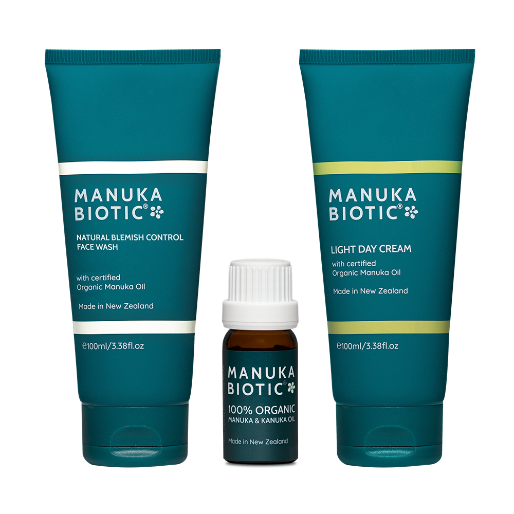  Manuka Biotic products in teal green upright tube bottles includes light day cream and face wash and a small glass bottle of organic mānuka oil