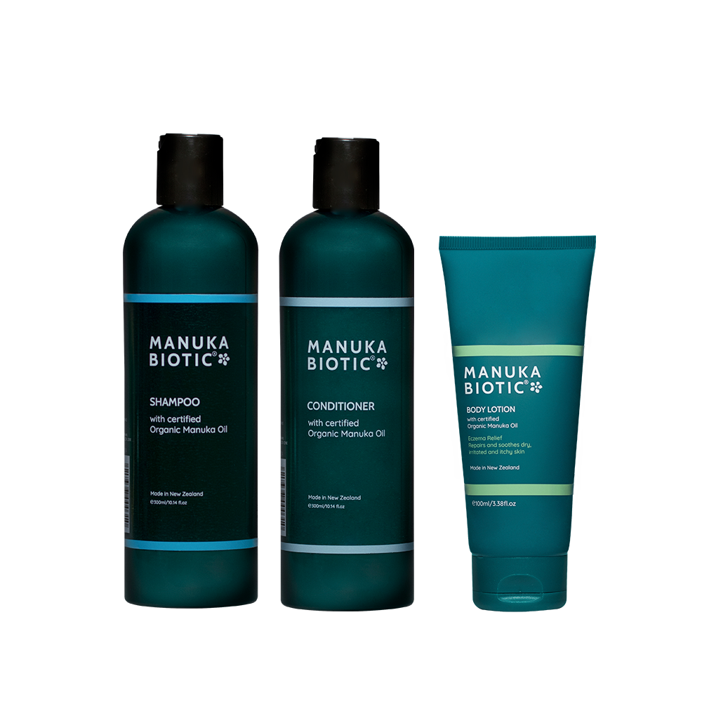  Three Manuka Biotic products in a row includes shampoo, conditioner and body lotion