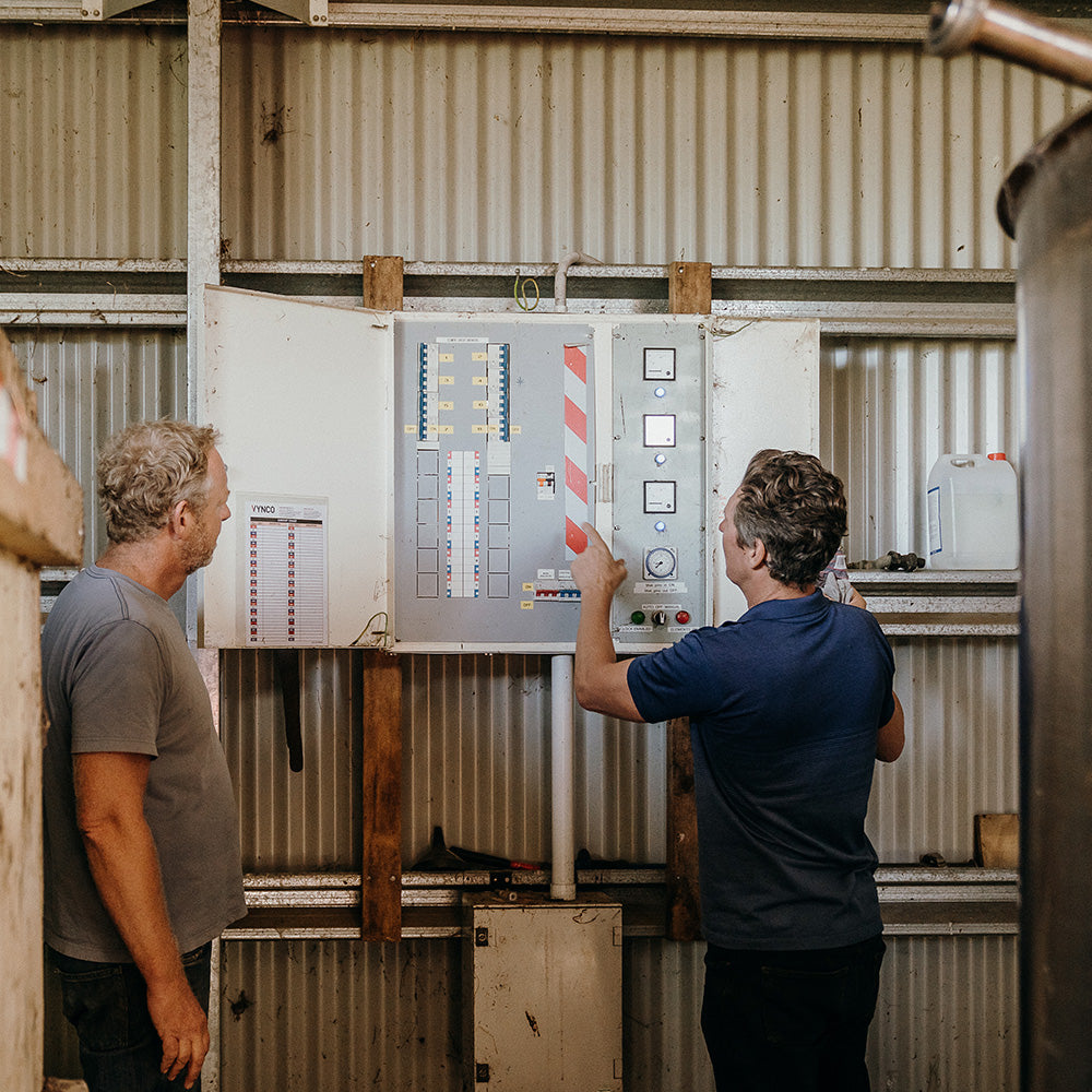  Two men looking at the control board in a mānuka oil production facility 