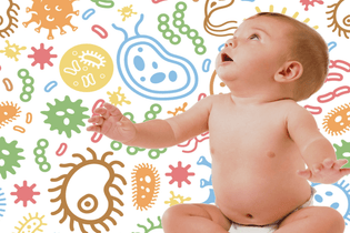  Baby in nappy sitting look up at painted background of bacteria to illustrate gut health and eczema 