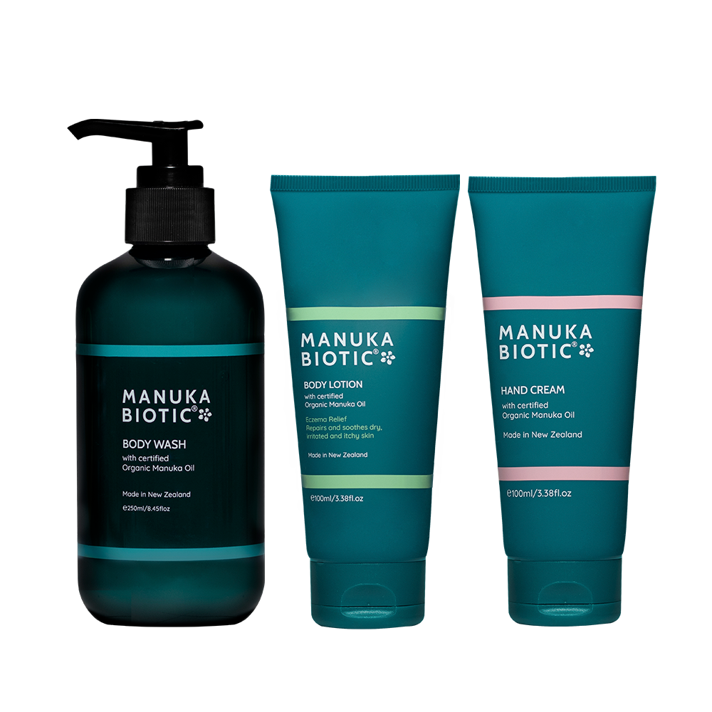  Manuka Biotic products in a row including body wash, lotion and hand cream
