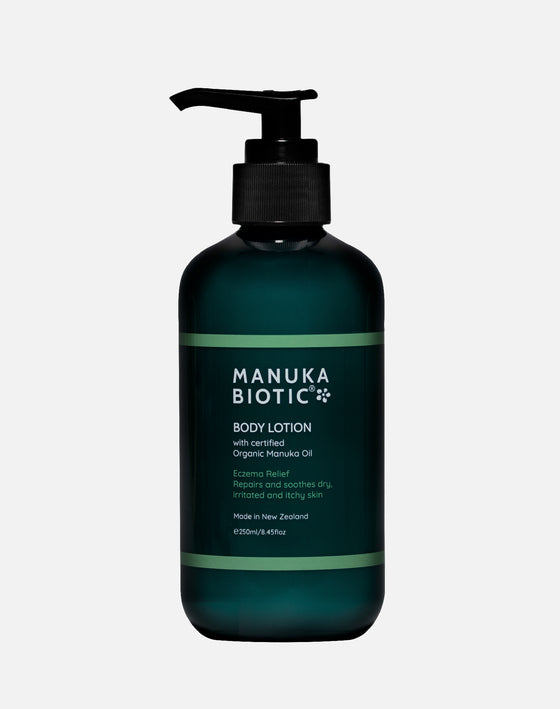 Bottle of Manuka Biotic Body Lotion with Certified organic Manuka Oil for soothing shingles 