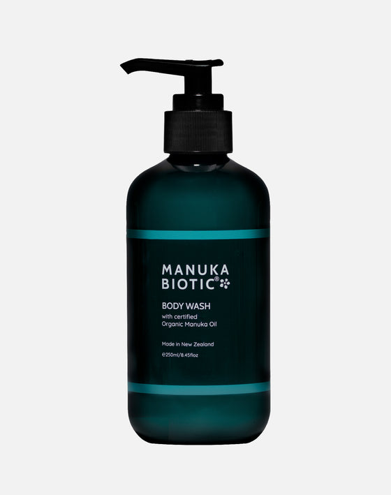 Manuka Biotic teal green pump bottle containing body wash