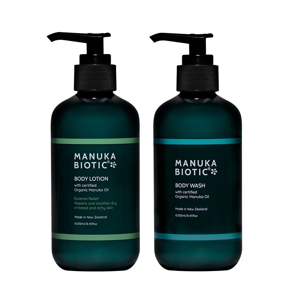  Two Manuka Biotic pump bottles containing body wash and body lotion