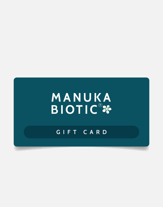 Manuka Biotic teal green gift card in a rectangle shape