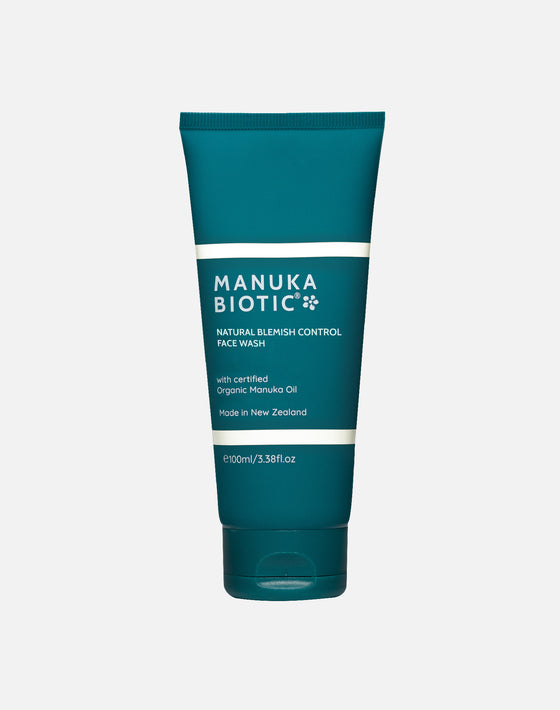 Manuka Biotic blemish control face wash in a teal green upright tube